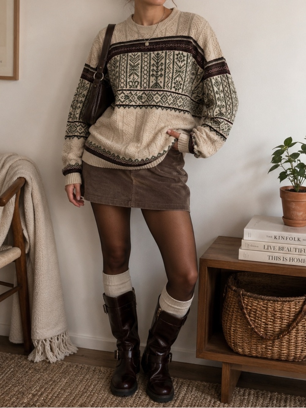 Vintage Cream + Green Fair Isle Sweater Cotton Cottagecore Fisherman Knit Medium